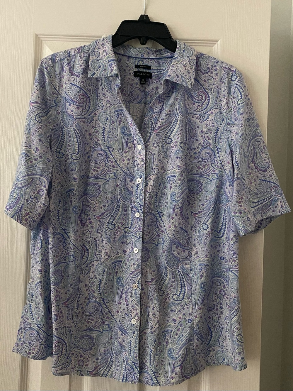 TALBOTS The Perfect Shirt Non Iron Blue Purple Paisley Short Sleeve Sz 14 Cotta